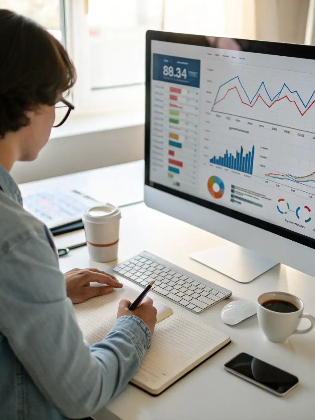 A professional consultant is analyzing data on a laptop, with charts and graphs visible on the screen, symbolizing data-driven decision-making.