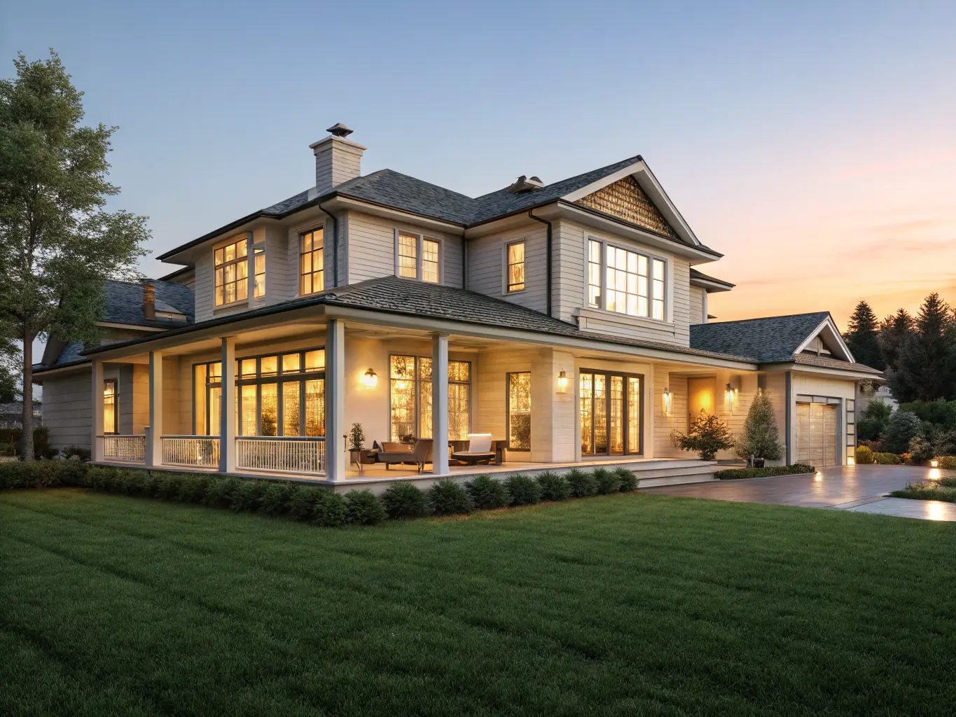 A luxurious residential property with a well-manicured lawn and a swimming pool is showcased, representing the real estate sector. The image is taken during sunset, highlighting the beauty and value of real estate investments.