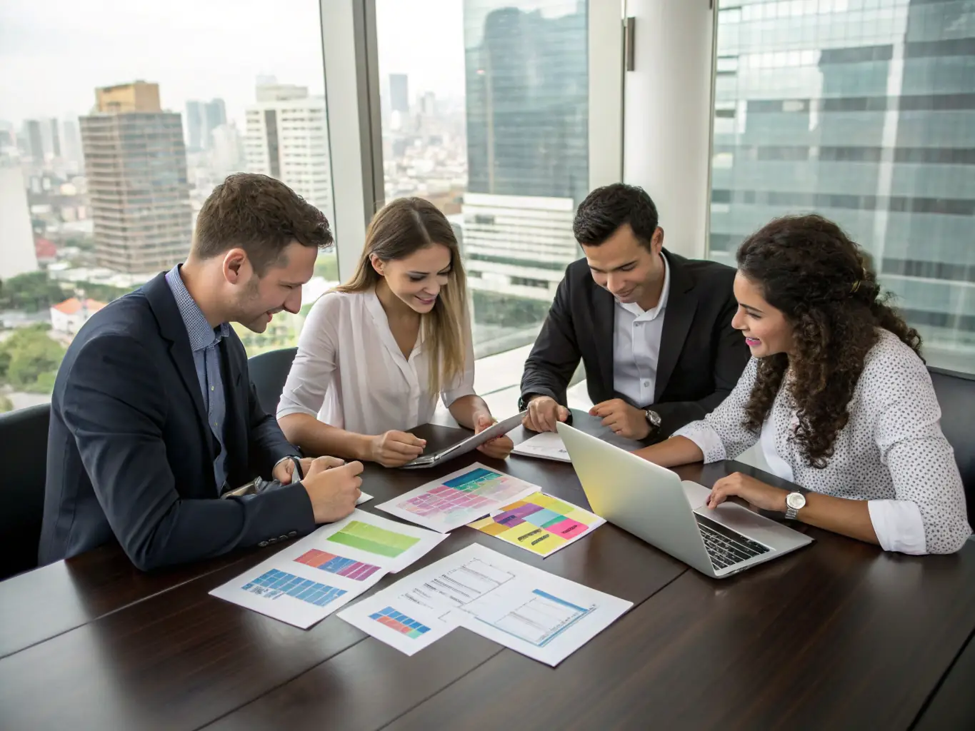 A modern office setting with consultants collaborating around a table, reviewing financial documents and discussing strategies, symbolizing strategic planning.