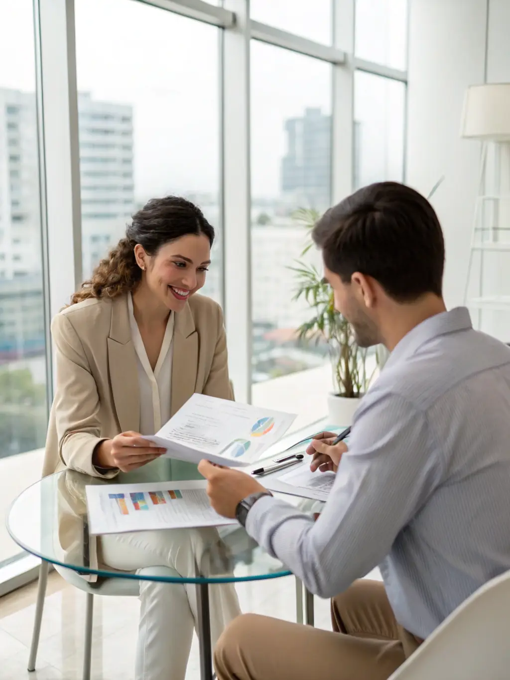 A consultant in a suit, reviewing financial documents with a client in a modern office setting, symbolizing strategic planning.