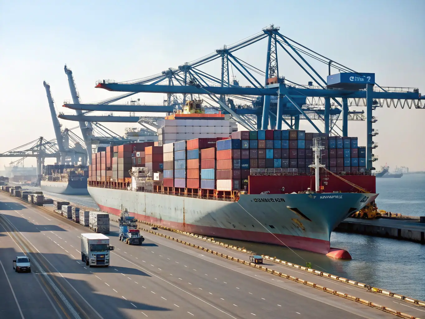 A modern vehicle carrier ship is docked at a bustling port, with numerous luxury cars visible on its decks, ready for import. The scene is set during a sunny day, emphasizing the global scale and efficiency of vehicle import operations.