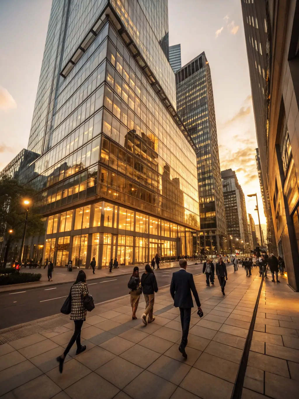 A high-rise building with modern architecture in a bustling city center, representing the investment sector where Avantiq LLC provides strategic consulting.