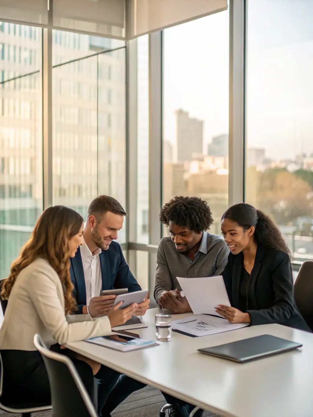 A diverse team of consultants collaborating in a modern office space, brainstorming ideas and discussing solutions.