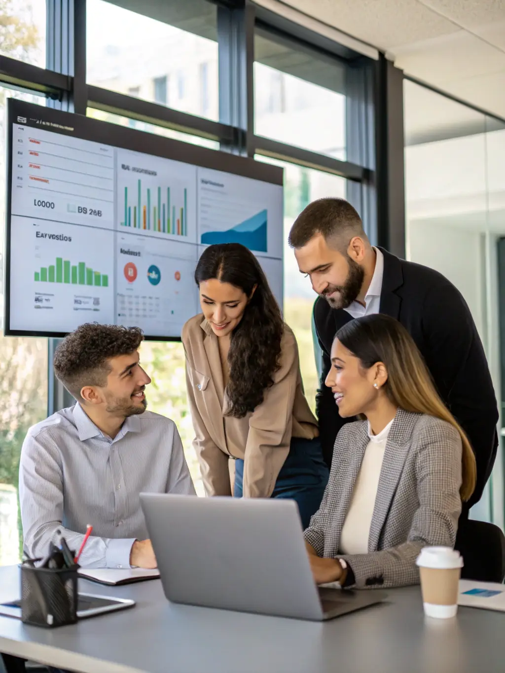 A team of consultants analyzing data on a large screen, illustrating operational optimization.