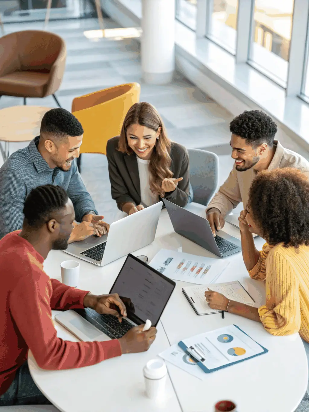 A diverse team of consultants brainstorming ideas in a collaborative workspace, highlighting innovative solutions.